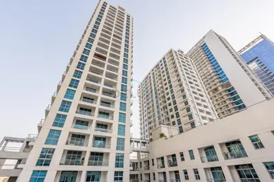 two tall buildings in a city at Studio Steps from JBR Beach and Marina Walk, Conveniently located near Ain Dubai, Dec Towers T2, Dubai Marina by Deluxe Holiday Homes in Dubai