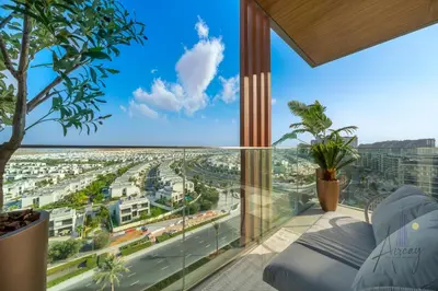 a living room with a view of a city at GroveLuxurious 1BR BEST communityArt & Design in Dubai