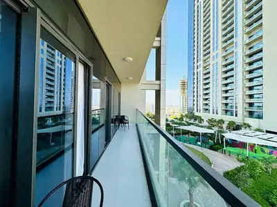 an empty balcony with a view of a building at Cozy Haven High Rise Balcony and Upscale Furnished in Dubai