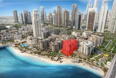 an aerial view of a city with a beach and buildings at Spacious 1 bedroom in creek beach-Huge Balcony in Dubai