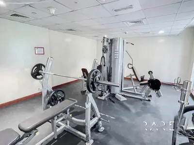 a gym with two tread machines in a room at Rare Holiday Homes - Near City Center Ma'eisem - Lake view - Crescent Tower C - R806 - IMPZ in Dubai