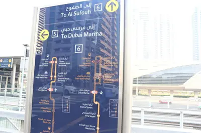a sign for a bus stop in a city at Modern Studio in Marina in Dubai