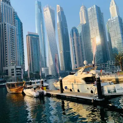 a group of boats docked at a dock in a city at Modern Studio in Marina in Dubai
