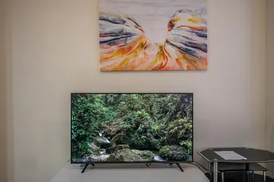 a flat screen tv with a painting on a wall at 1BHK Retreat Peaceful & Bright in Dubai