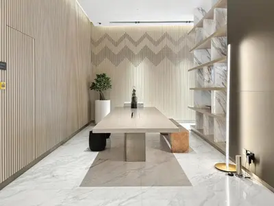 a table in a room with a plant on a wall at BLVD - Missoni Canal View - Walk to Dubai Mall in Dubai