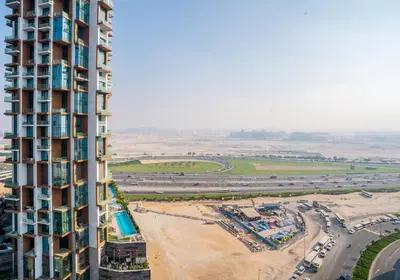 an aerial view of a tall building at Paramount Tower 1 BR, Hollywood Style Stay in Dubai