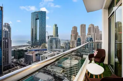 a balcony with a view of a city skyline at Barsana - Premier 3Bed Suite - Marina & Sea Views in Dubai