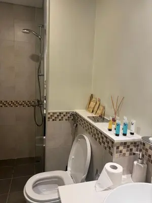 a bathroom with a toilet and a shower and a sink at Apartment Downtown Dubai in Dubai