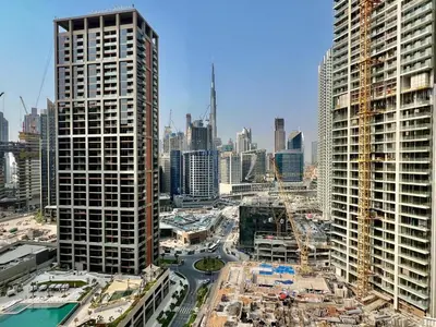 an aerial view of a city with tall buildings at DAYF-PENZOR Upgraded Studio for 4 with Full Burj View in Dubai