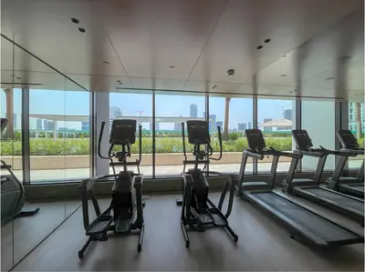 a gym with a row of treadmills and mirrors at 2 Bed, Private Pool, Big Terrace, Solysian Stay in Dubai