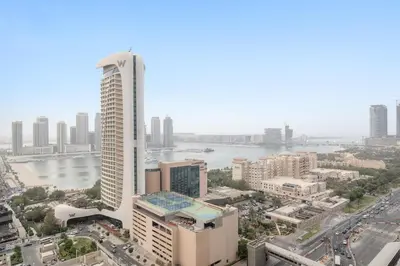 a view of a city skyline with a tall building at FIRST CLASS1BR Sea View and Near Beach and Tram in Dubai