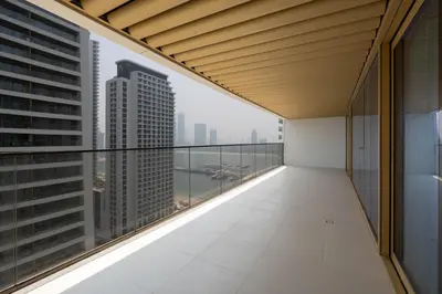 a balcony with a view of the city at KeyRock - Grand Bleu Escape with Iconic Palm Views in Dubai