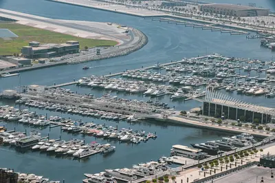 an aerial view of a harbor filled with boats at Sea & City View Apartment Dubai Marina - Ravello Living in Dubai