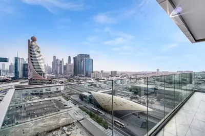 a view of the city from the top of a building at Elegant 1BHK Metro Access & Trade Centre in Dubai