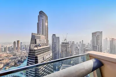 a view of a city from the top of a building at Private room in BURJ KHALIFA facing 3BR luxury apartment in Downtown Near Dubai Mall Metro in Dubai