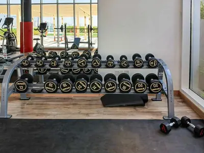 a rack full of dumbbells in a gym at PVH - Golf Vita - 1BR with Golf Course View in Dubai