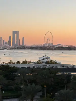 a city skyline with a ferris wheel in the water at FullSeaView-RoofTopPool Free Private WestBeachAccess in Dubai