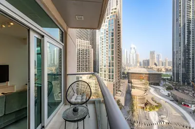 a balcony with a view of a city at The Lofts West, Downtown Dubai - Mint Stay in Dubai