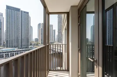 a balcony with views of a city skyline at GuestReady - 2Bed l Lagoon Escape l Creek Beach in Dubai