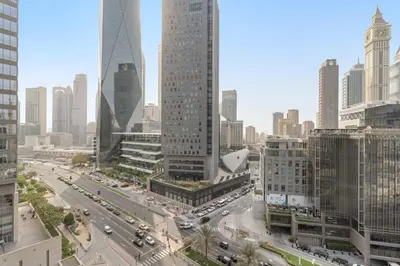 a view of a busy city street with traffic at Silkhaus Luxury Studio at Sky Gardens in DIFC Views in Dubai