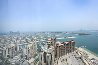 an aerial view of a city with a harbor at NEW Luxury studio - Amazing Palm Views in Dubai