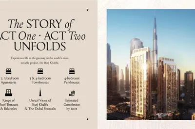 a flyer for the story of act one apartment two worlds at Stunning 2 bed dubai mall burj khalifa downtown ACT 1 in Dubai
