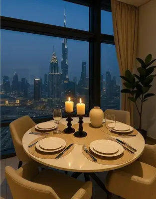 a dining room table with candles and a view of the city at DIFC Index Tower Burj Khalifa View 1BR in Dubai