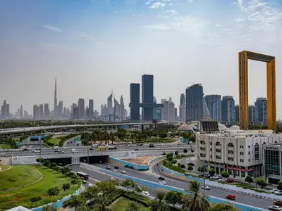a view of a city with a highway and buildings at Downtown views 1 Bedroom 5 PAX connect to Dubai mall in Dubai