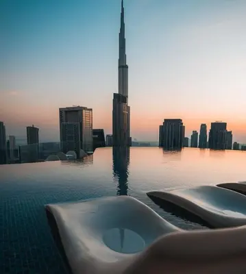 a swimming pool with a view of a city at Plush & Modern 2BR Luxury stay with picturesque Rooftop 64th floor in Dubai