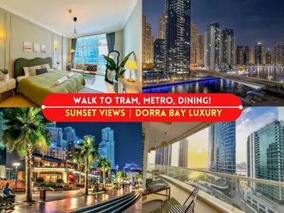 a collage of photos of a hotel room with a city skyline at Walk to JBR Marina Beach & Tram! Luxury Family 3BD, Stunning Views in Dubai