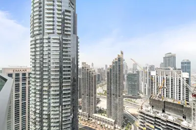 an aerial view of a city with tall buildings at VayK - Stunning 2BR Apt with 2 Balconies in Downtown in Dubai
