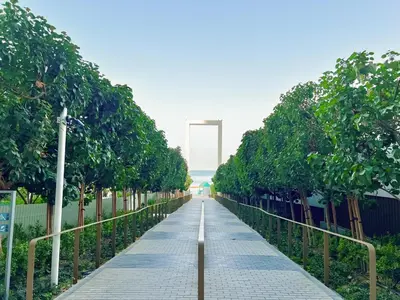 a sidewalk lined with trees in a park at Magical La Vie JBR Apt with Private Beach Access in Dubai