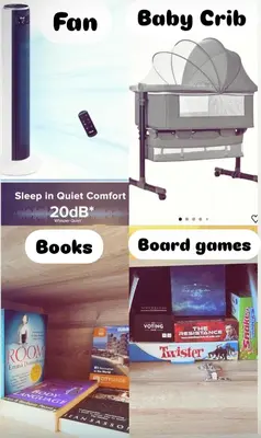 a collage of four pictures of a bed and books at The Haven Burj Khalifa View - 1BR Business Bay with Balcony&Pool in Dubai