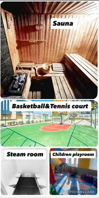 a collage of three pictures of a tennis court at The Haven Burj Khalifa View - 1BR Business Bay with Balcony&Pool in Dubai