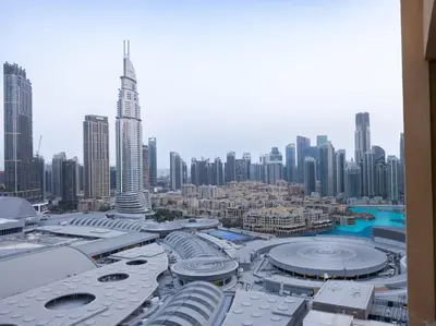 an aerial view of a city with tall buildings at Emaar Residenc Fashion Avenue - Sokoon in Dubai