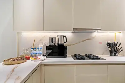 a kitchen with a stove and a microwave at Brand New Stylish Unit near Circle Mall in Dubai