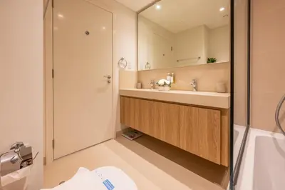 a bathroom with a sink and a shower at Upscale 2BR with Burj Khalifa Views in Dubai