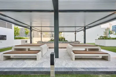 four beds under a canopy in a building at STAY BY LATINEM Luxury 2BR Holiday Home CC 911 Near Burj Khalifa in Dubai