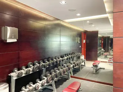 a gym with rows of dumbbells on a wall at FIRST CLASS Studio Cozy Elegance in Dubai