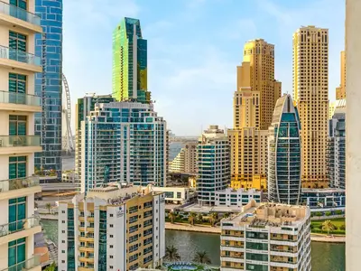 a view of a city skyline with tall buildings at Urban Dubai Marina Stay, Near Yacht Area & Beach Sleep 8 Pax in Dubai
