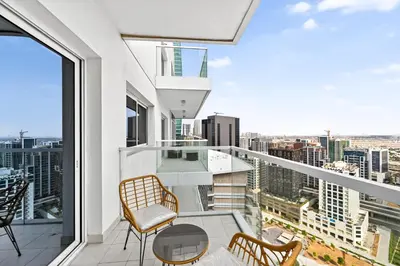 a balcony with a view of a city at Sylish Studio with Balcony Views Near Dubai Mall in Dubai