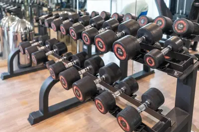 a row of dumbbells in a gym at Samaya Holiday Homes - Lake City Stunning Suits Lake View - Next to Metro in Dubai
