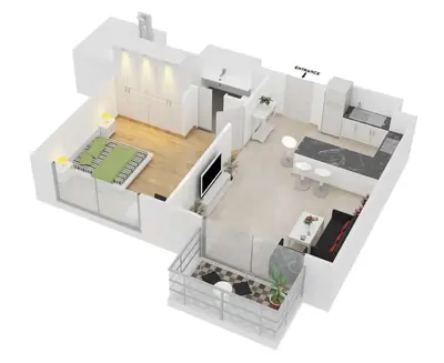 a rendering of a kitchen and living room in a house at LUX The JW Marina Suite 4 in Dubai