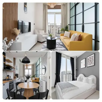 a living room and a living room with a yellow couch at Stylish 1BR Dubai Hills Walk to Park & Mall in Dubai