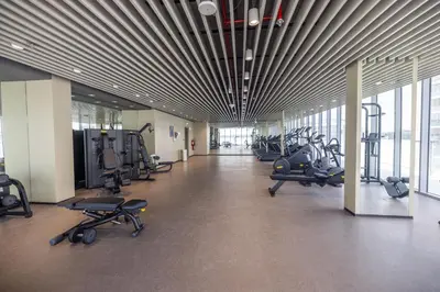 a gym with several treadmills and exercise bikes at Modern & Luxurious 2BR Penthouse in MBR City District One Dubai in Dubai