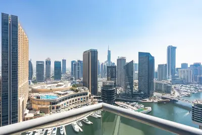 a view of a city skyline from a skyscraper at Bright 1bhk Full Marina View in Dubai