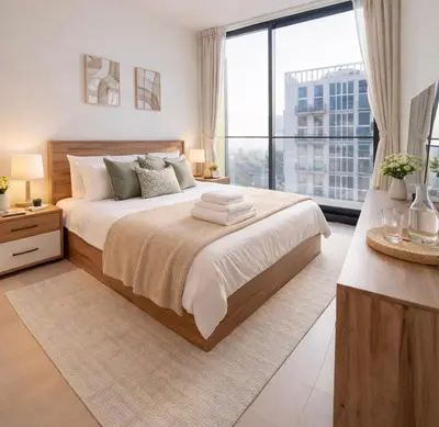 a bedroom with a large bed and a large window at Fully Furnished I Circle Mall I Sleeps 4 in Dubai