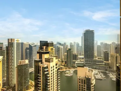 an aerial view of a city with buildings at JBR's Luxury 2BDR with Dubai Eye, Palm & Marina Views - Direct Beach Access in Dubai
