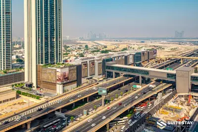 an overhead view of a busy city with traffic at Suitestay-Fahion Avenue Dubai mall in Dubai