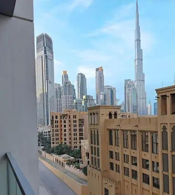 a view of a city skyline with tall buildings at Sanctuary Stays - Premium 1BR - Burj Khalifa Views - Near Dubai Mall in Dubai